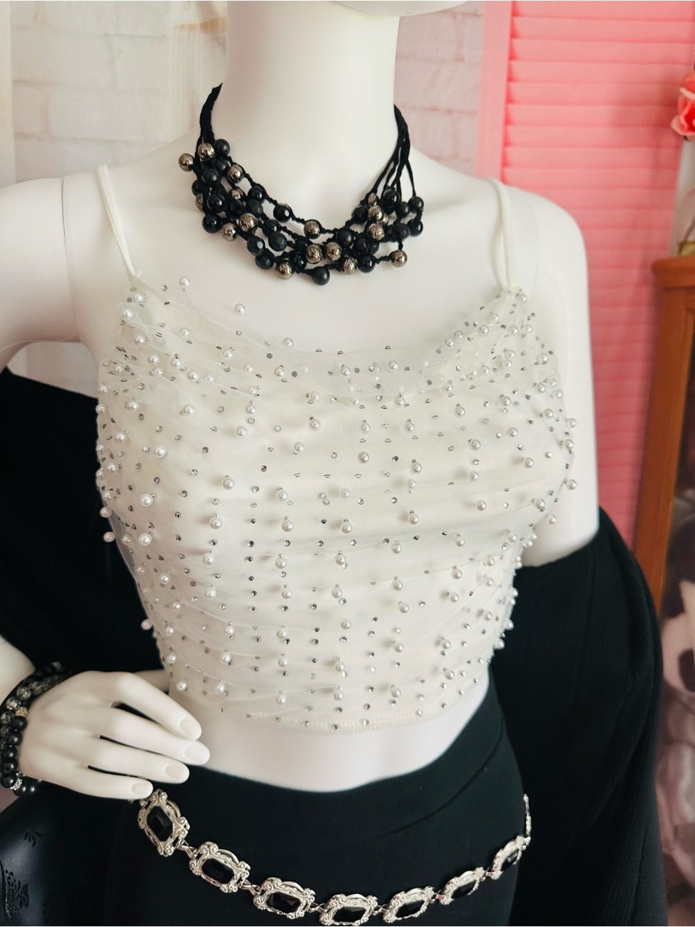 Windsor White Faux Pearl & Rhinestone Embellished Crop Top
